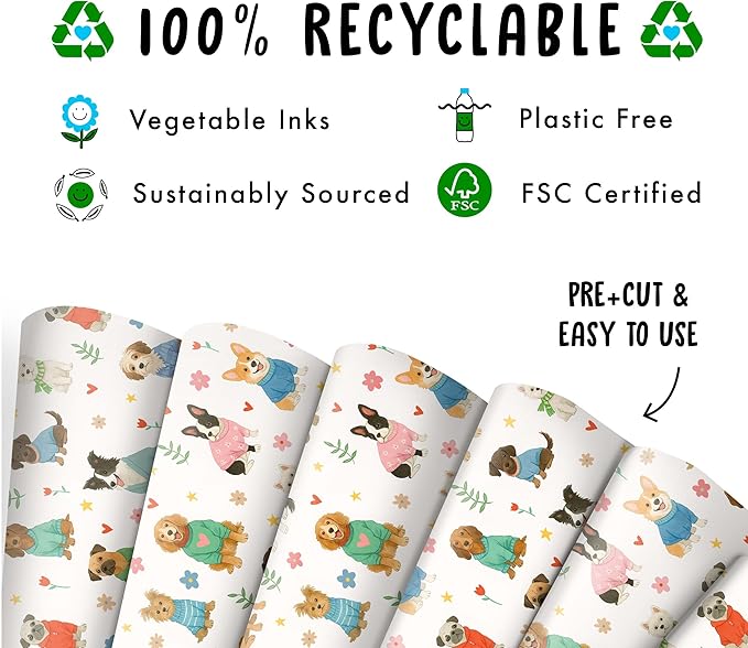 CENTRAL 23 Cute Dog Wrapping Paper - 6 Sheets Of Gift Wrap - Colorful Pets In Sweater - Birthday, Christmas, Easter, Baby Shower - Pet Lovers, All Occassions, Animal Parties All Occasion