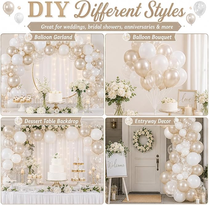 Pearl Balloons, 60Pcs Pearl White Balloons, 12 Inch Latex Double Stuff Pearl White Balloons for Wedding Bridal Shower Baby Shower Wedding Anniversary Engagement Neutral Birthday Party Decorations