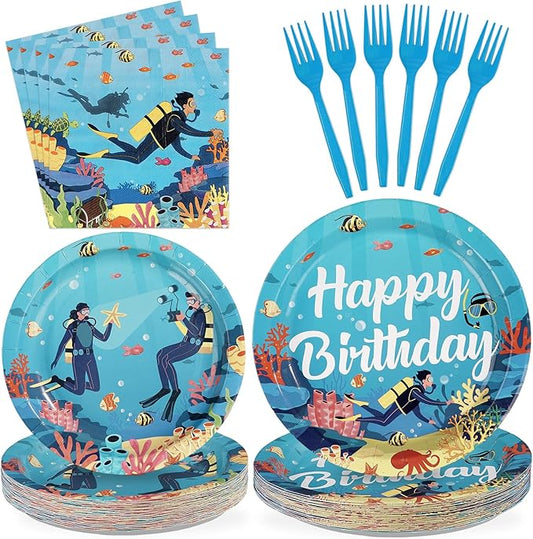 96Pcs Diving Birthday Decorations Blue Underwater World Plates and Napkins Scuba Diving Decorations Favors for Ocean Undersea Sports Theme Birthday Party Supplies Serves 24