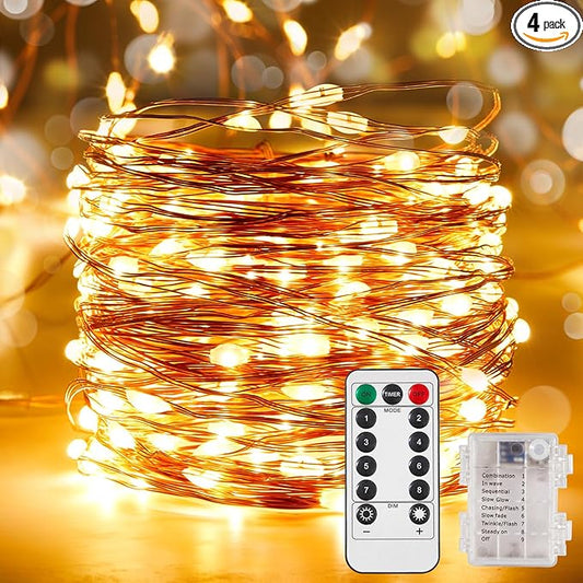Ariceleo 4 Pack 32.8 Ft. Battery Operated Outdoor String Lights with Remote & Timer, LED Warm White Fairy Lights, Waterproof Twinkle Lights for Bedroom, Dorm, Mason Jar, Wedding, Party, Christmas