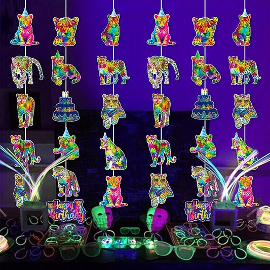 Neon Leopard Garlands Rainbow Cheetah Birthday Party Decorations 8PCS Rainbow Leopard Hanging Garland Banners Neon Cheetah Print Ceiling Decor for Wild Animals Party Supplies