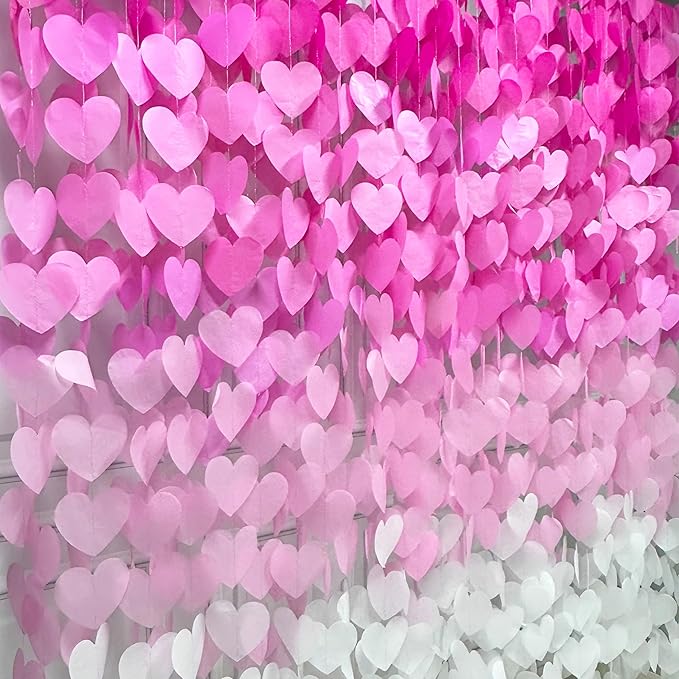 205 Ft Hot Pink Party Decorations Ombre Pink White Heart Backdrop Streamer Tissue Paper Heart Hanging Garland for Birthday Bachelorette Valentines Day Wedding Bridal Shower Engagement Party Supplie