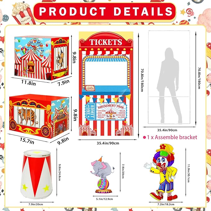 Circus Theme Party Decorations Supplies: Carnival Ticket Photo Booth Props Backdrop Kit with Circus Boxes Carnival Photo Backdrop Amusement Park Theme Accessories for Boys Girls Birthday Decor