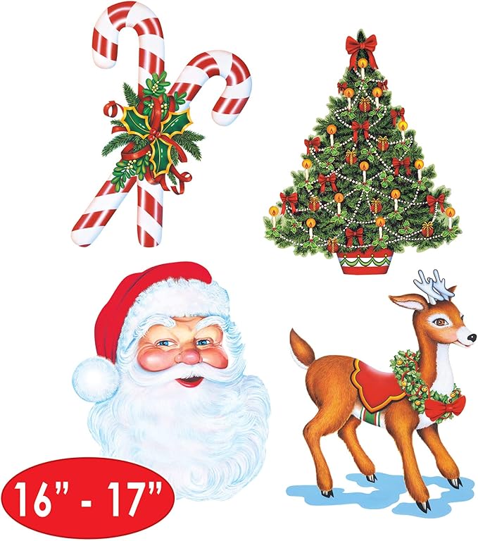 Beistle Christmas Cutouts – 4 Pack Double-Sided Holiday Decorations Featuring Festive Santa Clause, Reindeer, Candy Canes and Christmas Tree Designs, Cardstock Paper, 16 In to 17 In