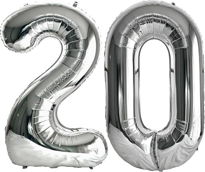 FIROMI 20 Number Balloons Silver Big Giant Jumbo Huge Foil Mylar 20 Balloon Numbers for 20th Birthday Party Anniversary Events Decorations 40-inches