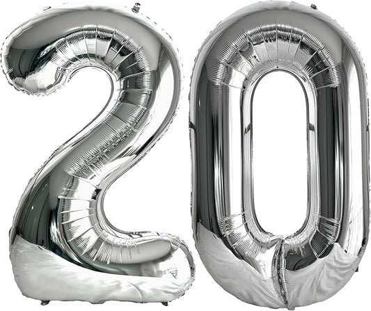 FIROMI 20 Number Balloons Silver Big Giant Jumbo Huge Foil Mylar 20 Balloon Numbers for 20th Birthday Party Anniversary Events Decorations 40-inches