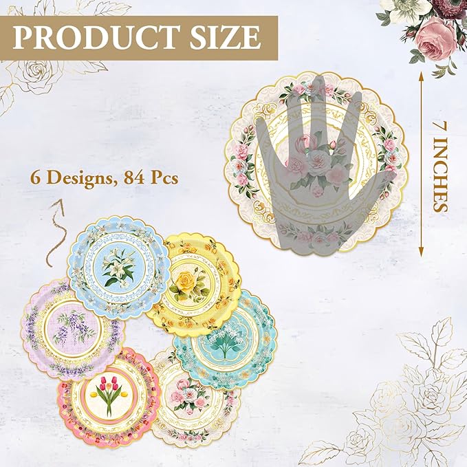 84-Pack Floral Paper Plates, Tea Party Decorations, 7 Inch Disposable Floral Plates for Tea Party, Baby Shower, Bridal Shower, Birthday, Wedding and Any Celebration