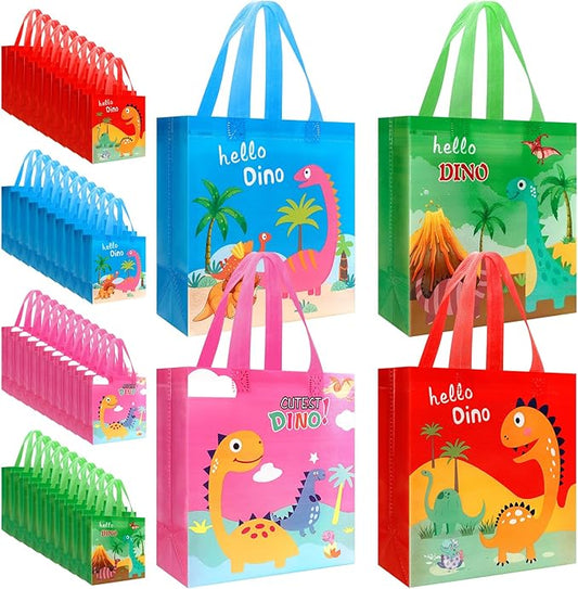Pinsit 40 PCS Colorful Dinosaur Party Favor Bags, Non Woven Dinosaur Goodie Bags, Dinosaur Themed Reusable Gift Bags with Handles for Boys Girls Birthday Baby Shower Party Supplies