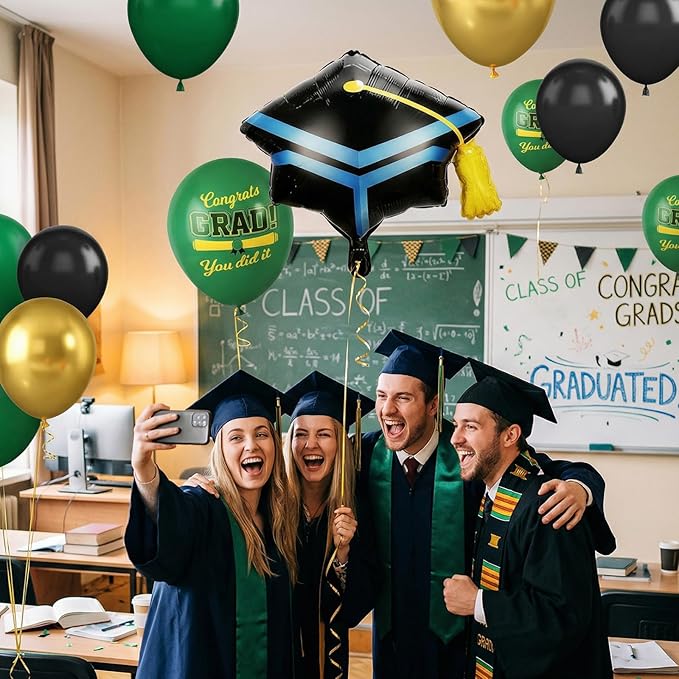 Green Black Graduation Balloons, Dark Green Gold Black Balloons with Cap Foil Grad Printed Balloon for Class of 2026 Graduation Decorations Celebration Party