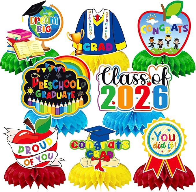 JULMELON 8PCS Preschool Graduation Party Decorations 2026 Honeycomb Centerpiece, 3D Kindergarten Graduations Centerpieces for Tables Congrats Grad Table Toppers for Prek Graduation Party Supplies