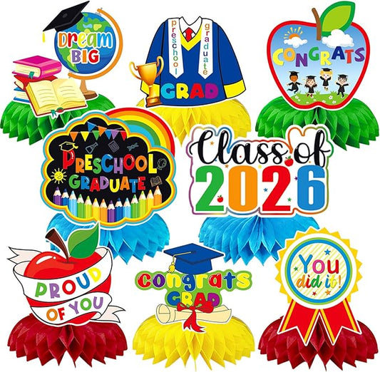 JULMELON 8PCS Preschool Graduation Party Decorations 2026 Honeycomb Centerpiece, 3D Kindergarten Graduations Centerpieces for Tables Congrats Grad Table Toppers for Prek Graduation Party Supplies