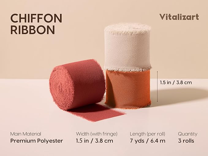 Vitalizart Fall Handmade Chiffon Silk Ribbon Fringe 1.5" x 21 Yd Terracotta Frayed Edges Ribbons for Wedding Invitations Bridal Bouquets Gifts Wrapping Crafts Holiday Party Decorations
