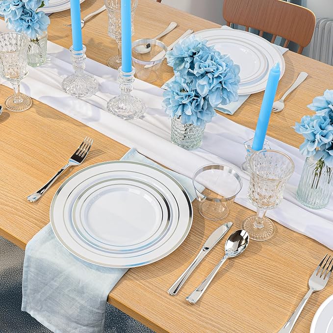 BESTVIP 700PCS Silver Plastic Dinnerware Set for 100 Guests, Disposable Plates for Party, Include: 200 Plastic Plates, 100 Pre Rolled Napkins with Silver Silverware, 100 Cups for Christmas, Halloween