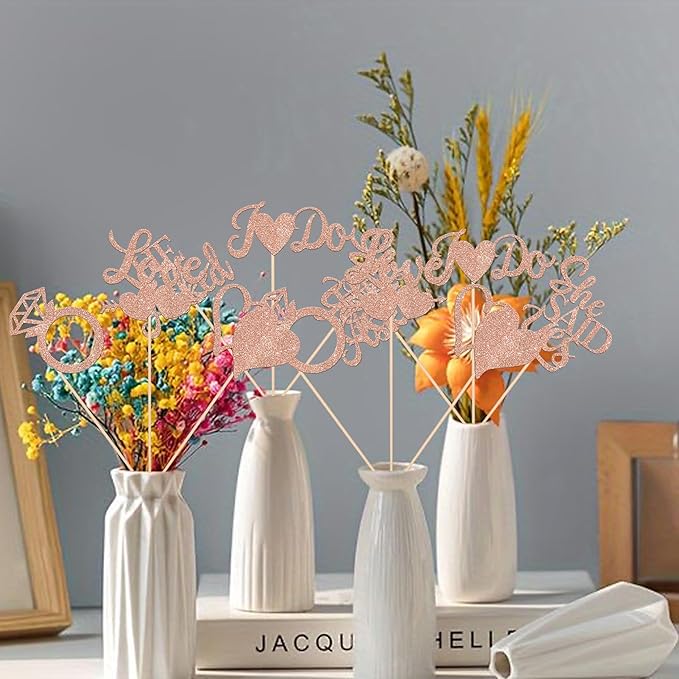 12 Pack He Asked She Said Yes Centerpiece Sticks Love Heart I do Ring Table Centerpiece Sticks for Wedding Engagement Bridal Theme Party Supplies Gold (rose gold)