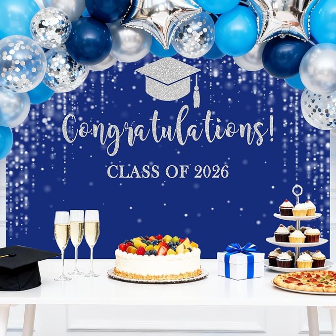 Mocsicka Class of 2026 Backdrop Blue Silver Glitter Bokeh Graduation Party Background 2026 Congrats Grad Prom Party Cake Table Decoration Photo Booth Props (8x6ft)