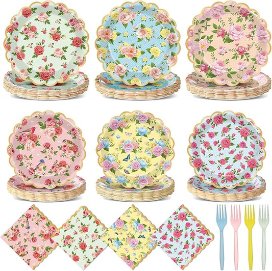 Tea Party Plates and Napkins Floral Vintage Paper Plates Tea Party themed Supplies Disposable Tableware Set Spring Rose Flowers Table Decorations for Princess Birthday Wedding Garden Bridal Shower