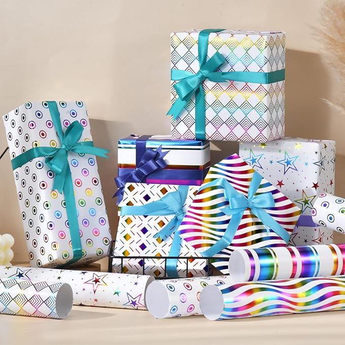 RUIFUN Gift Wrapping Paper, 6 Sheets Metallic Foil Birthday Wrapping Paper with Ribbon, Colorful Shiny Foil Gift Wrap Paper for Girls Women Birthday Christmas Wedding, 20 x 28 Inch