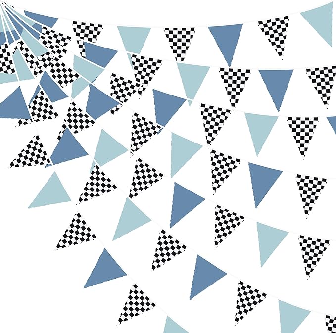 32Ft Racing Party Decorations Dusty Blue Black White Checkered Racing Car Fabric Banner Triangle Flag Pennant Garland Streamers for Boys Race Car Birthday Racetrack Baby Shower NASCAR Picnic Decor