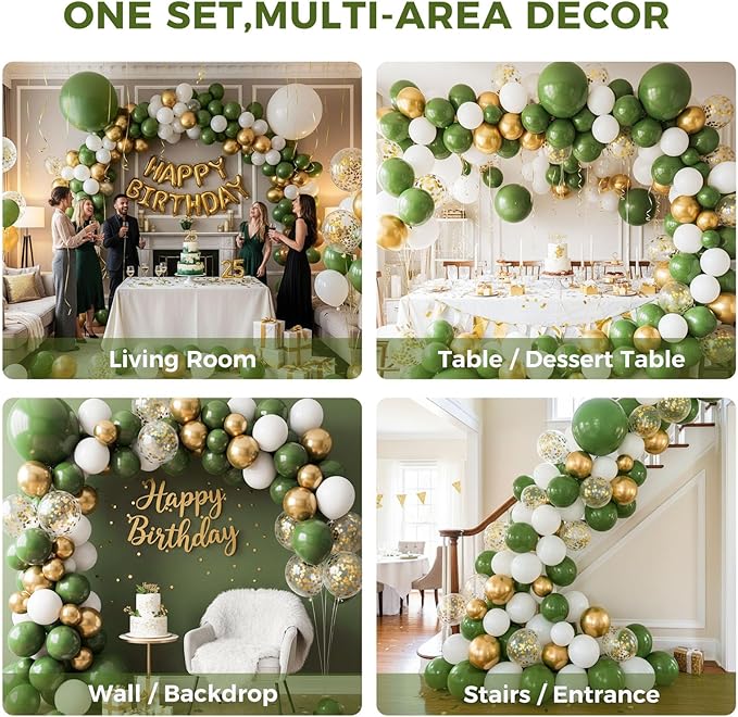 LovesTown 150 PCS Sage Green White Gold Balloons Different Size of 18 12 10 5 Inch, Gold Confetti Balloons with Ribbons for Boho Wedding Bridal Shower Safari Birthday Party Decorations