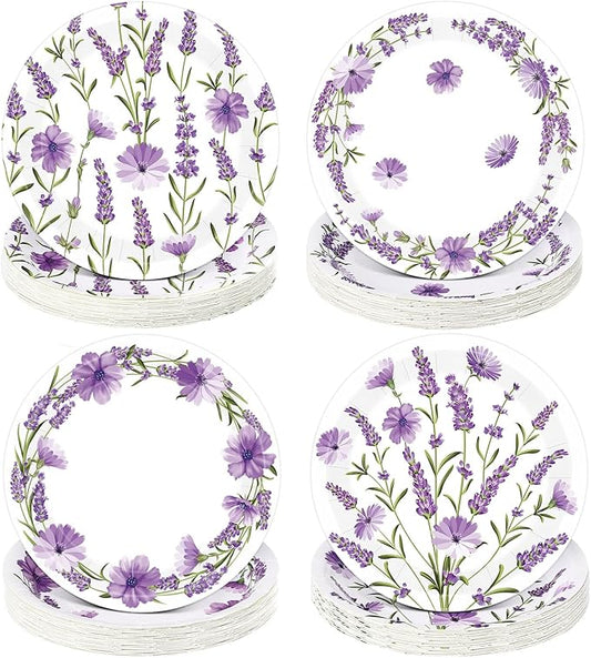 Zopeal 60 Pieces Lavender Paper Plates 9 Inch Disposable Floral Plates Spring Summer Purple Garden Flowers Dinner Birthday Decorations for Baby Shower Bridal Wedding Floral Tea Party Supplies
