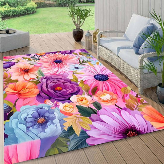 Outdoor Flower Rug with Anti Slip Backing Vibrant Waterproof 6x9 Area Rugs for Patio Deck Balcony Camping Garden Porch Large Floral Outside Carpet Blue Pink Purple Aesthetic Thick Mat