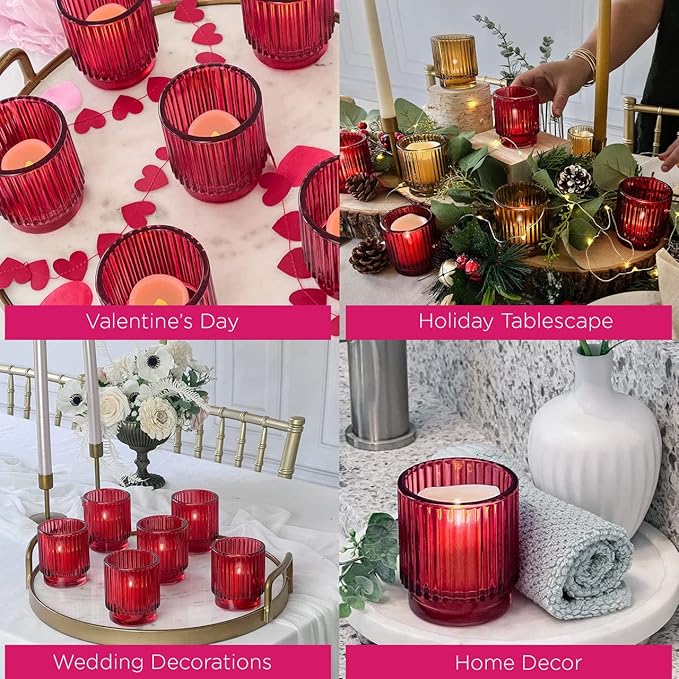 Kate Aspen 24PCS Vintage Ribbed Red Glass Tealight & Votive Candle Holders, Fall Decor, Boho Decor, Shelf Decoration for Wedding, Bachelorette, Bridal Shower & Anniversary