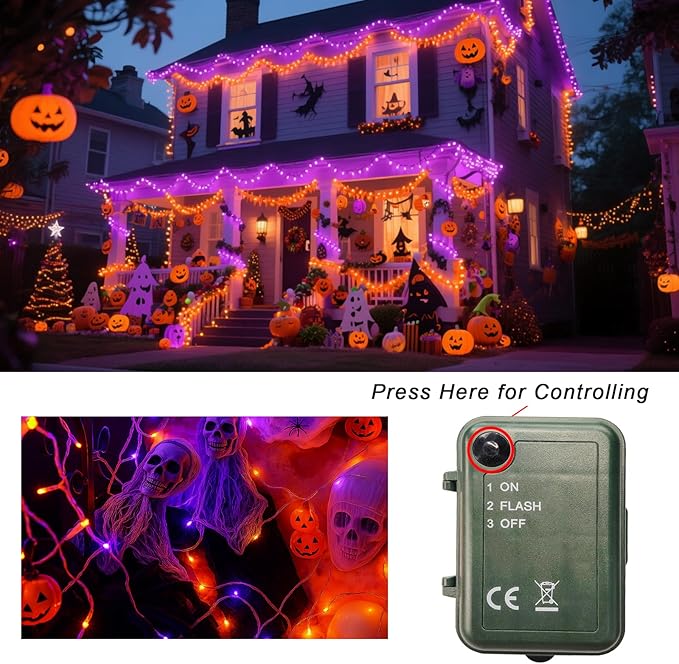 Halloween String Lights Battery Powered, 4 Pack Total 66.6 FT 200 LED Orange and Purple Halloween Lights Indoor Outdoor Decoration, Twinkle Fairy Light for Home Party Room Party Tree Decor