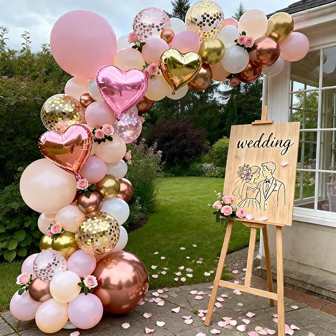 Rose Gold Pink Balloon Arch Kit,Light Pink Nude White Metallic Gold Balloons Garland Rose Gold and Gold Confetti Balloons with Heart Balloon for Wedding Bridal Shower Birthday Party Decorations