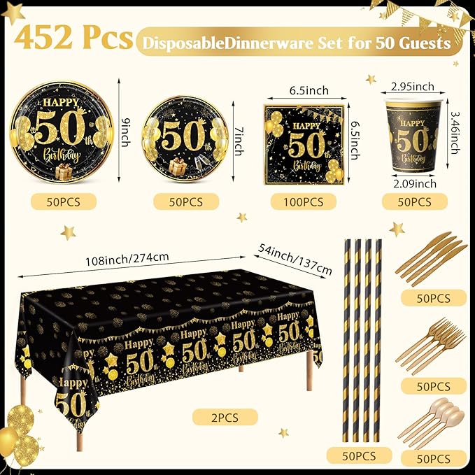 Ceenna 452 Pcs 50th Birthday Party Decoration Men for 50 Guests, Happy Black Gold 50th Birthday Paper Plates Napkins Cups Tablecloth Cutlery Straw Cheers to 50 Tableware Party Supplies for Women Men