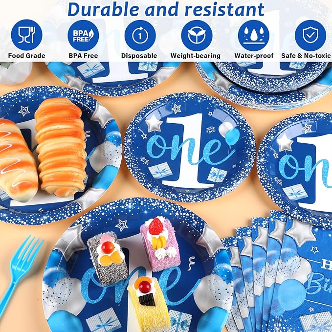 Wiooffen Boy 1st Birthday Party Tableware Set, Blue, 96 Pcs, 24 Guests, Paper Plates, Napkins, Forks