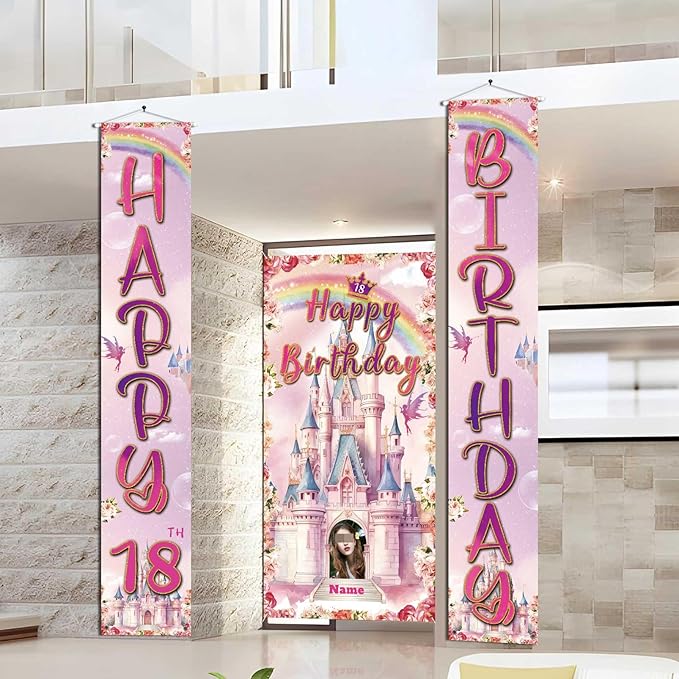 Custom Photo Birthday Banner Set Personalized Door Banners Polyster Backdrop Party Decorations Supplies Background for Birthday Newborn Baby Shower Celebration(Castle)