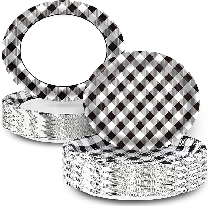 Race Car Gingham Oval Paper Plates 10’’x 12’’, Large Disposable Heavy Duty Black and White Gingham Plaid Paper Plates for Birthday Wedding Baby Shower Tea Party Supplies, 50 Guest