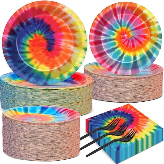 50 Guests Tie Dye Plates and Napkins Party Supplies Tie Dye Party Decorations Disposable Tableware Set Birthday Dinnerware Favor for Kids Girls Baby Shower Birthday Party Graduation, 200PCS