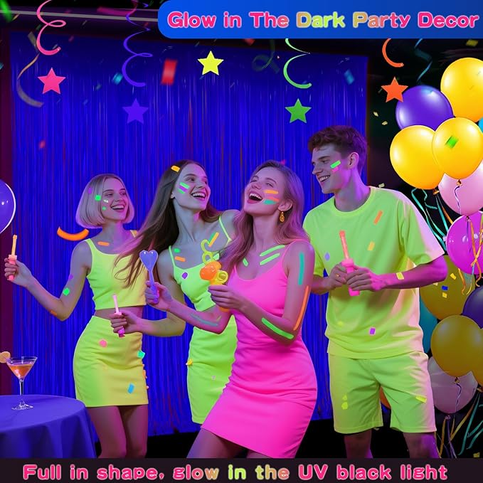 Glow in The Dark Party Supplies 2 Pack Neon Party Decorations Fluorescent Tinsel Foil Fringe Curtains Photo Booth Prop Backdrop Streamer Blacklight Decorations (Neon Blue)