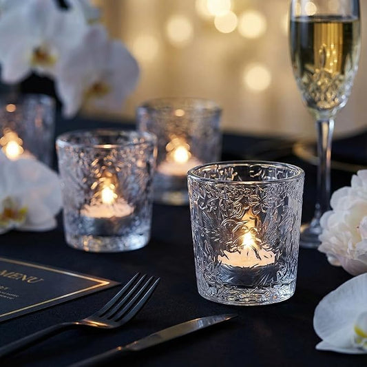 6 Pack Hummingbird Embossed Glass Candle Holders – Votive Tealight Holders with Patent Design, Decorative Embossed Glass Cups for Wedding Centerpieces, Parties, and Home Décor (Crystal Clear)