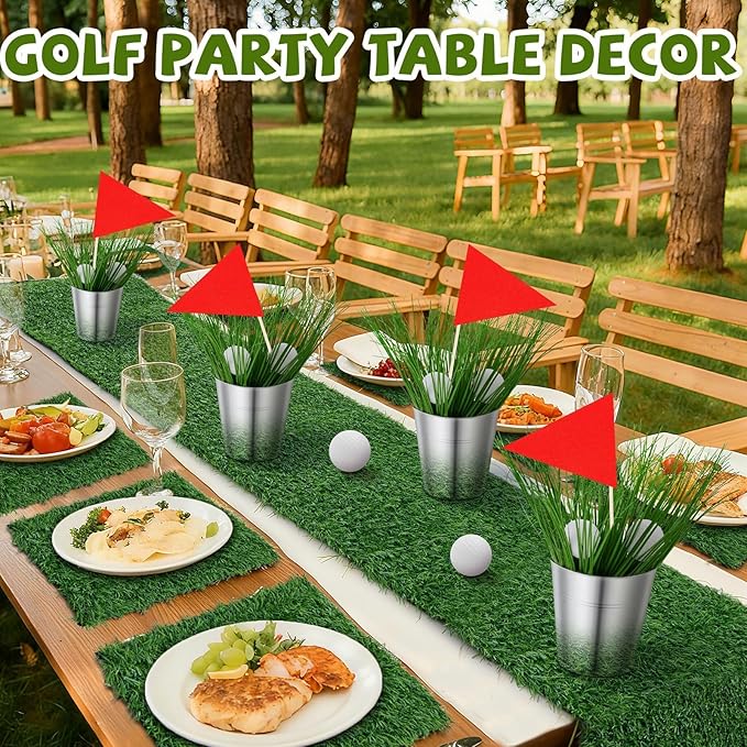 6 Set Golf Party Table Decoration Include 1 Artificial Turf Table Runner 12 Mini Balls 6 Flags 6 Bucket 90 Faux Grass Centerpieces for Golf Masters Party Sport Themed Birthday DIY Decor Favors