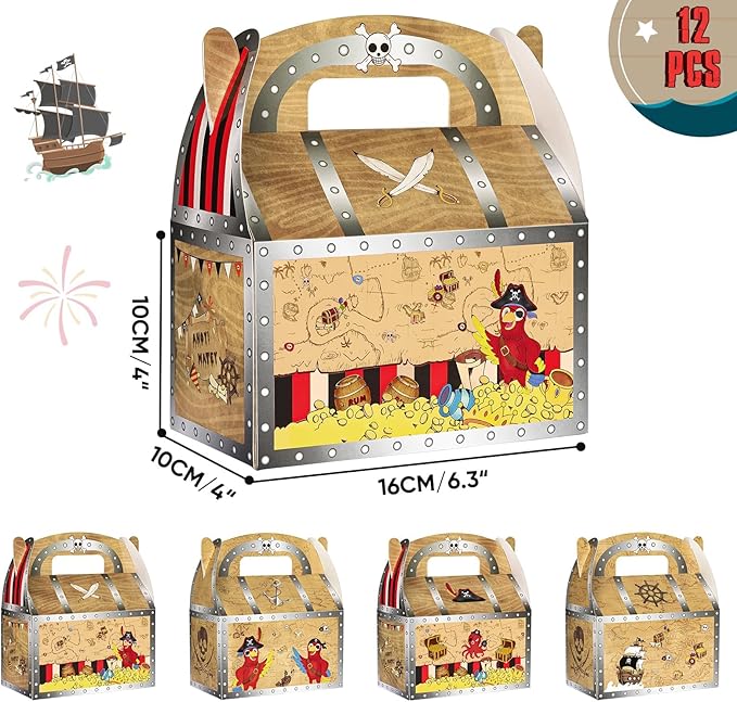 WERNNSAI Pirate Party Favor Boxes - 12 PCS Treasure Chest Boxes Pirate Birthday Decorations Nautical Theme Party Favors for Baby Shower Halloween Treasure Hunt Game