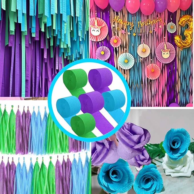 Purple Green and Blue Crepe Paper 6 Pcs Streamers for Party Decorations, Birthday Wedding DIY Crafts, Gift Wrapping Supplies