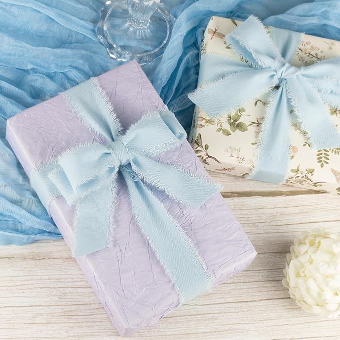 Baby Blue Cotton Ribbon 1 Inch Baby Blue 3 Rolls 21 Yards Frayed Edge Fabric Set for Baby Shower, Wedding Invitations, Nursery Decor, Christening & First Birthday Party
