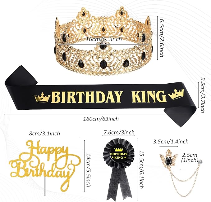 Junkin 5 Pieces Birthday Man Accessories Include King Crown King Sash Tinplate Badge Pin Brooch Hanging Chain Crown for Man Birthday Party (Vivid Style,Small)
