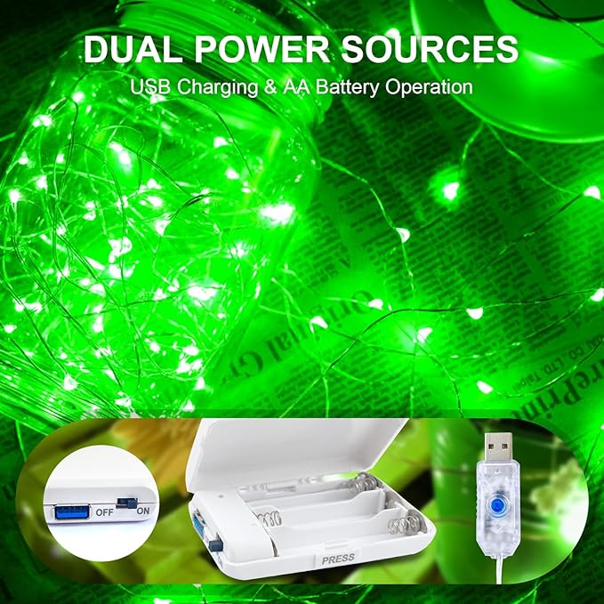 Aogist 50LED Fairy Lights 16ft Dual Power(USB/Battery) with Remote & Timer, 8 Modes Flexible Copper Wire Waterproof String Lights for Outdoor Christmas Wedding Bedroom Party Decor-1 Pack,Green