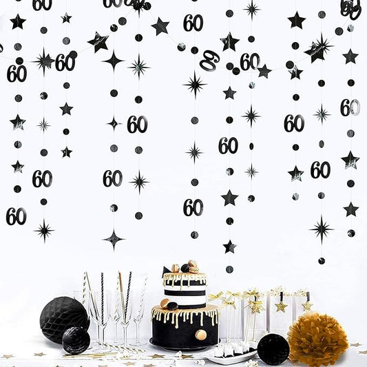 Black 60th Birthday Decorations Number 60 Circle Dot Star Garland Hanging Streamer Bunting Banner Backdrop for Mens Cheers to 60 Years Old Happy 60th Birthday 60th Anniversary Sixty Party Supplies
