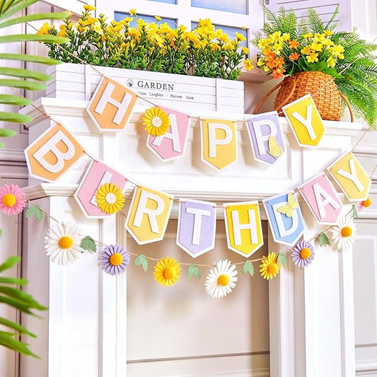 SUNBEAUTY Felt Pastel Happy Birthday Banner Daisy Garland Banner Colorful Floral Green Leaves Garland Daisy Party Decorations for Women Girls Boho Birthday Baby Shower Spring Summer Garden (8.2ft)