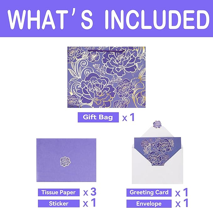 Qirrmiy 13" Large Rose Purple Gift Bag Set with Greeting Card and Tissue Paper for Women or Girls for Celebrating Birthdays, Mother's Day, Valentine's Day, Weddings, Anniversaries