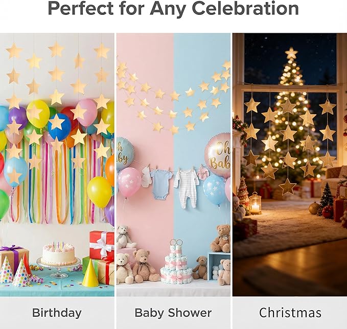 Metallic Champagne Gold Iridescent-Star-Garland 90FT – 240 Pcs Sparkling Star Streamers – Hanging Glitter Star Banner Backdrop for Birthday, Baby Shower, Wedding, Christmas Party Decorations (6 Packs)