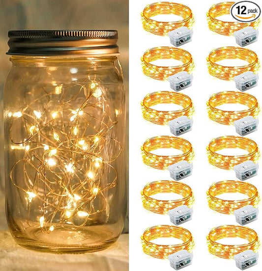 12 Pack Fairy Lights 7Ft 20 LED Twinkle String Lights 3 Modes Battery Operated Waterproof Firefly Starry for Mason Jar Party Easter Christmas Thanksgiving Day Table Centerpieces,Yellow