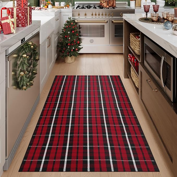 OJIA Washable Outdoor Rug 3'x5', Christmas Door Mats Outdoor Area Rug Red Plaid Rug Entryway Rugs Indoor Door Mat Front Porch Rug Cotton Floor Carpet for Entry/Patio/Bedroom/Living Room