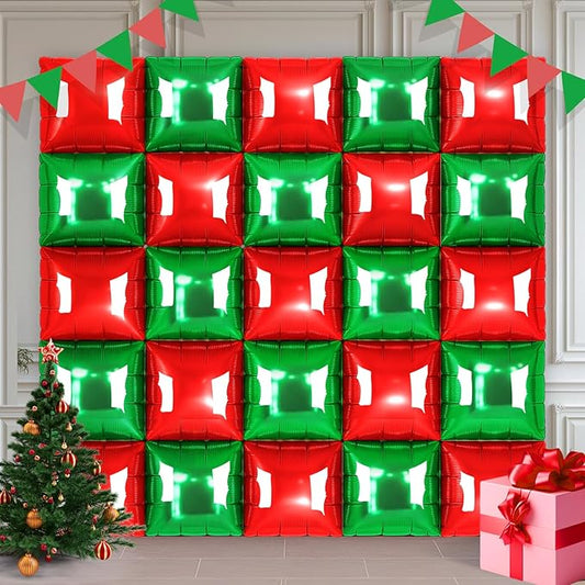 25Pcs Christmas Balloons Metallic Green and Red Double Sided Square Foil Balloons Wall Kit, Red and Green Square Balloons Arch for Party Background, Cube Decor with Tails for DIY Holiday Photo Booth