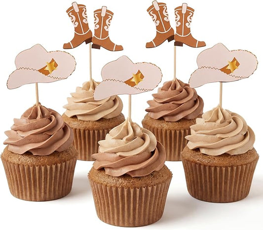 Blulu 60 Pieces Cowboy or Cowgirl Hat and Boot Cupcake Toppers Western Birthday Cake Decorations Rodeo Cupcake Picks Baby Shower Toothpicks for Western Theme Party Favors Supplies (Light Brown)