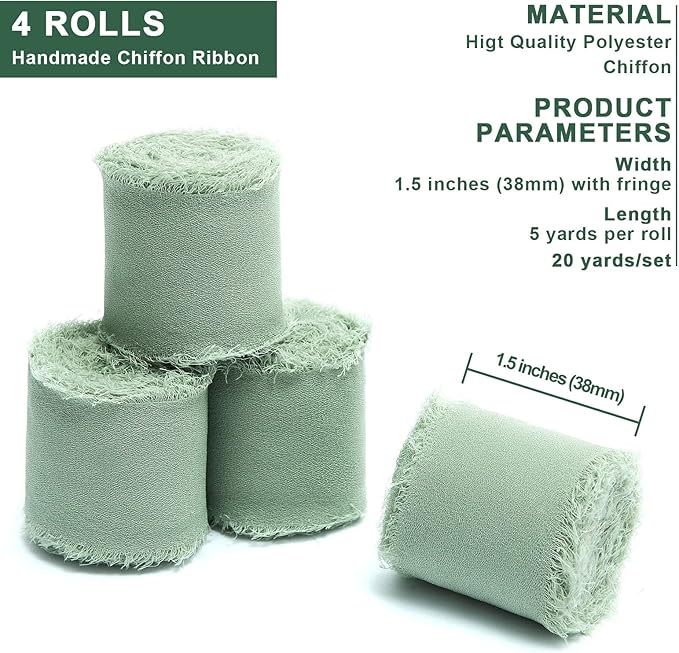 4 Rolls Sage Green Handmade Fringe Chiffon Silk Ribbon 1.5" W x 5Yd Per Roll,Frayed Edges Ribbon Set for Gifts Wrapping,Wedding Invitations,Bouquets,DIY Crafts (1.5" x20Yd, Sage Green)